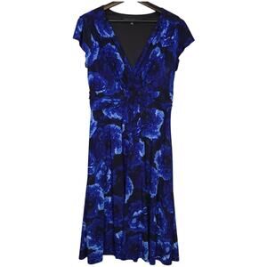 Jones Wear Dress Womens Midi Dress Sz 12 Blue & Black Floral Babydoll Flowy Chic
